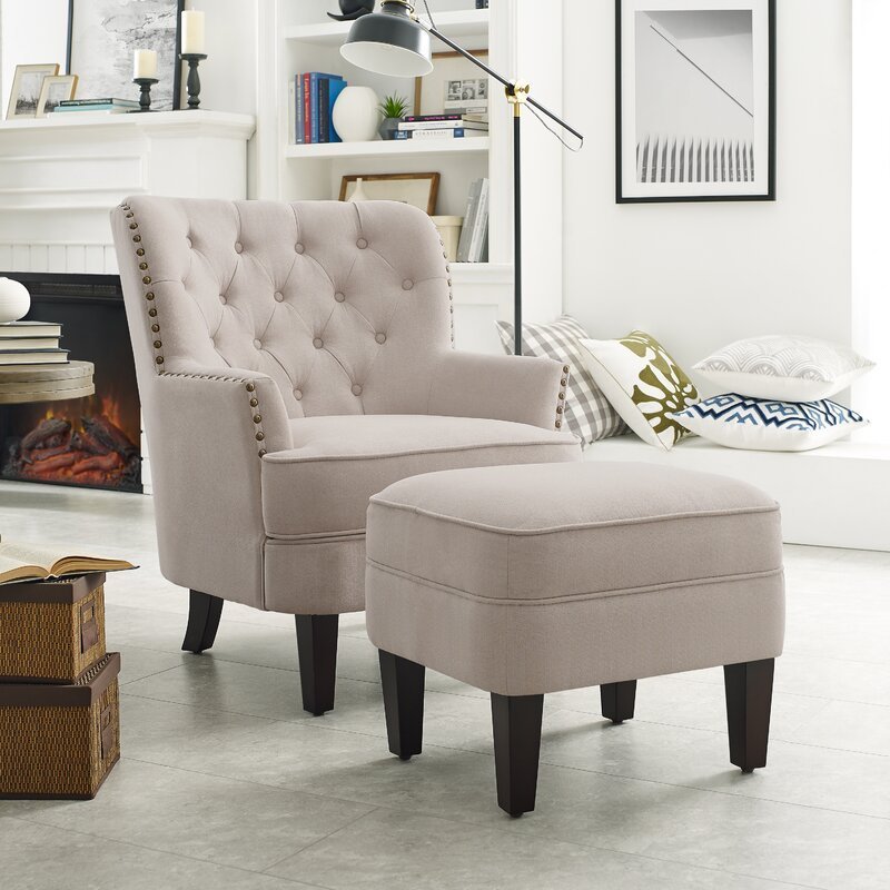 32” Wide Tufted Wingback Chair and Ottoman