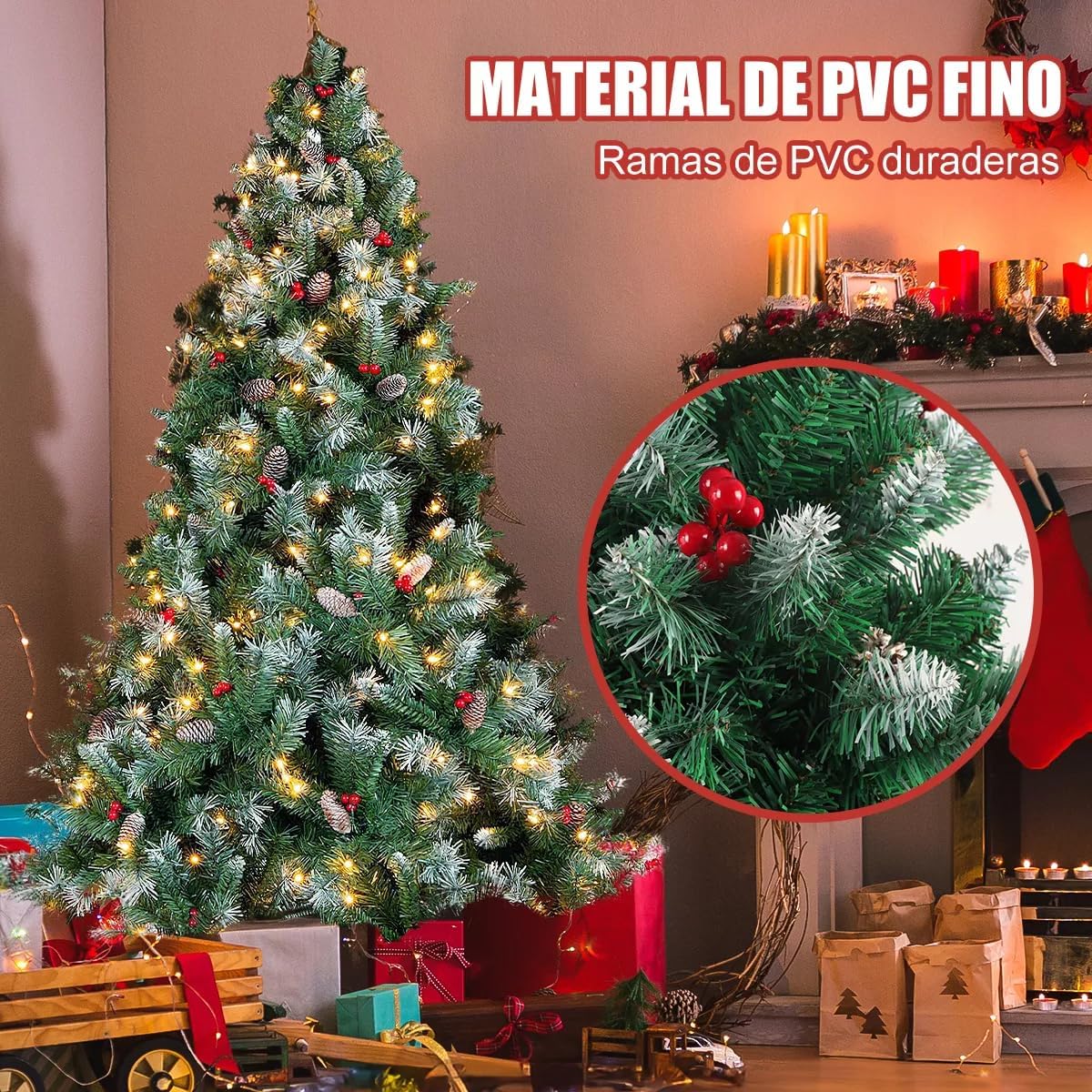 Arbol de Navidad Grande 2.2m, Arbol de Navidad con Luces Integradas, con 27m 240 Luces Led Parpadeantes(8 Modos de Luz), 1140 Ramas, con 35 Pares de Piñas y 35 Pares de Frutos Rojos, Soporte Metálico