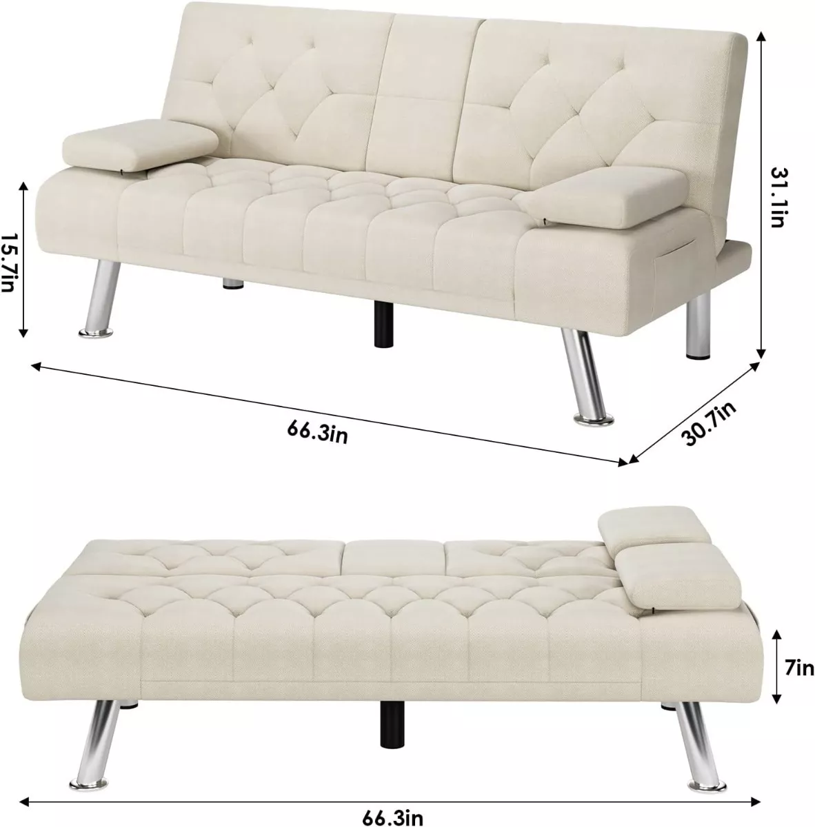 Sofá cama futón plegable portavasos de piel sintética marrón