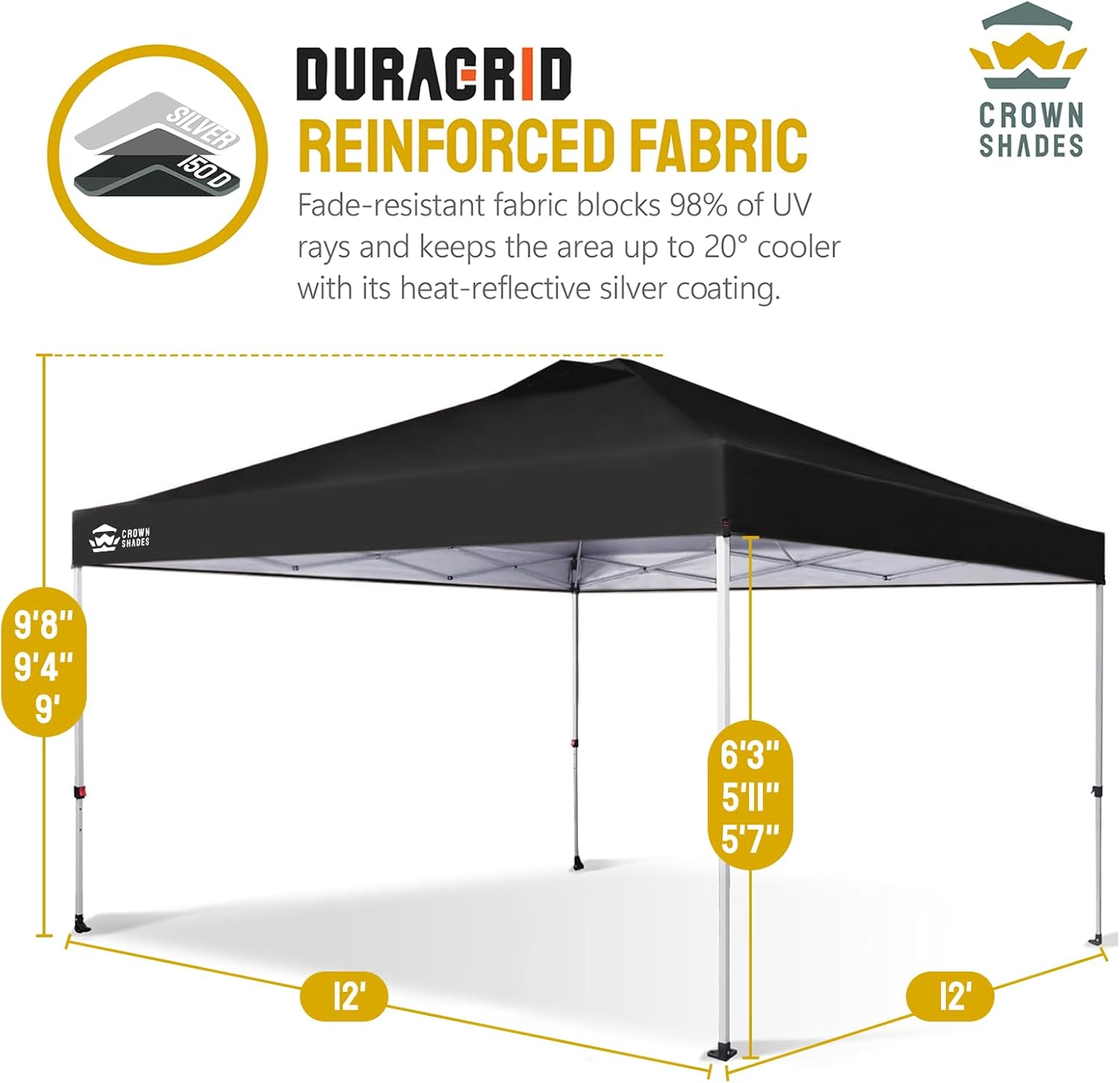 CROWN SHADES - Toldo desplegable de 3.60 x 3.60 metros, toldo patentado de un empuje con bolsa de transporte con ruedas, 8 estacas y 4 cuerdas, negro