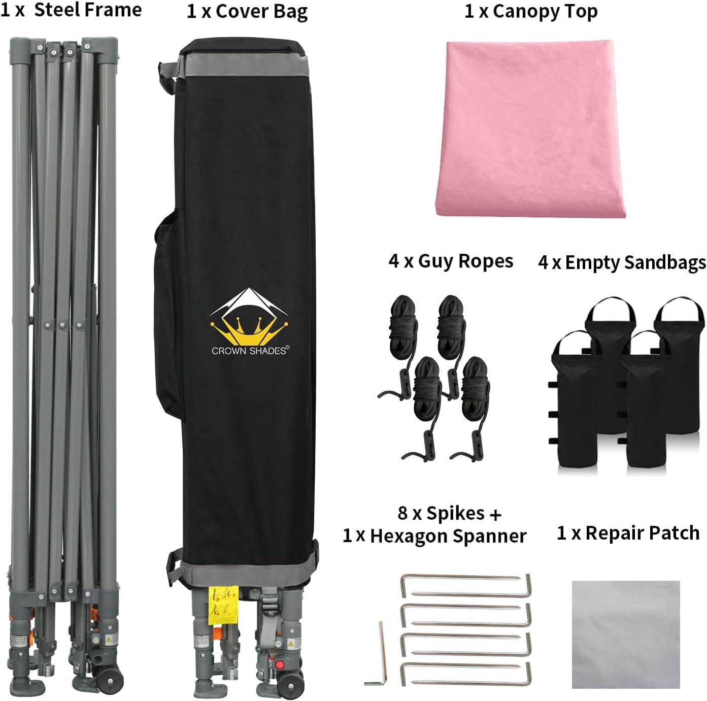 CROWN SHADES - Toldo desplegable de 3.60 x 3.60 metros, toldo patentado de un empuje con bolsa de transporte con ruedas, 8 estacas y 4 cuerdas, negro