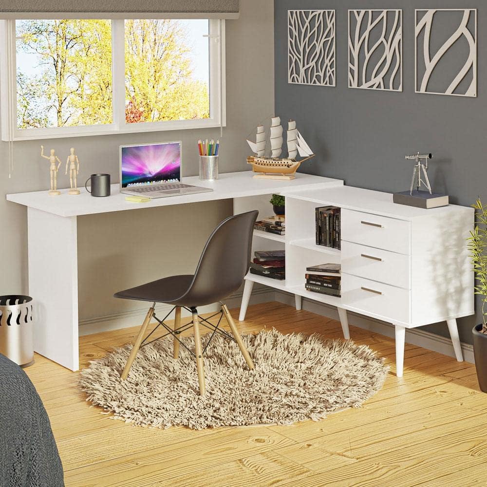 Madesa Escritorio Mesa de Oficina de Esquina con 3 Cajones Lisboa - Blanco