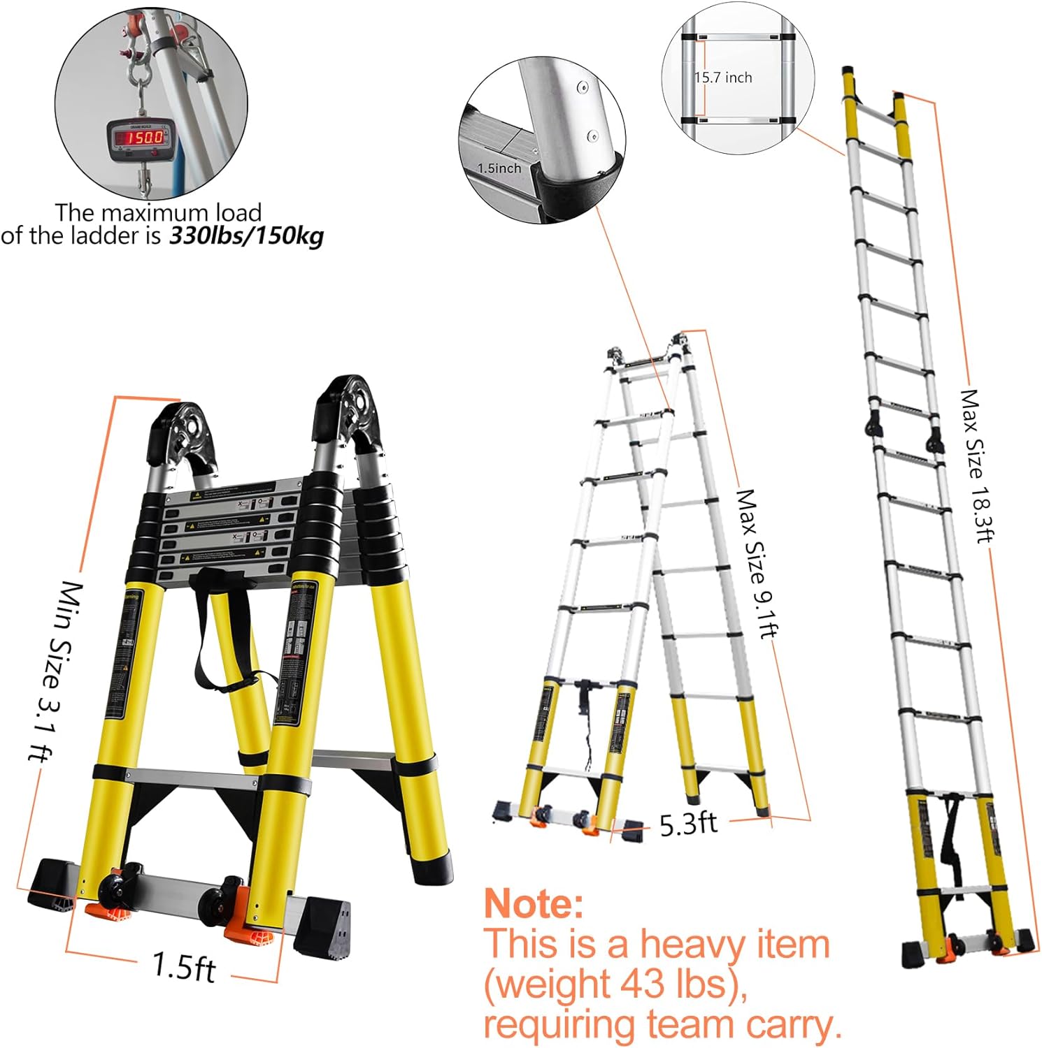 Escalera telescópica de 18 pies con marco A portátil, de aluminio, plegable hasta 38 pulgadas de ancho. Estabilizador/ruedas/soporte de carga ajustable, plegable, escaleras de escalón de 7 + 7 pies-llave inglesa