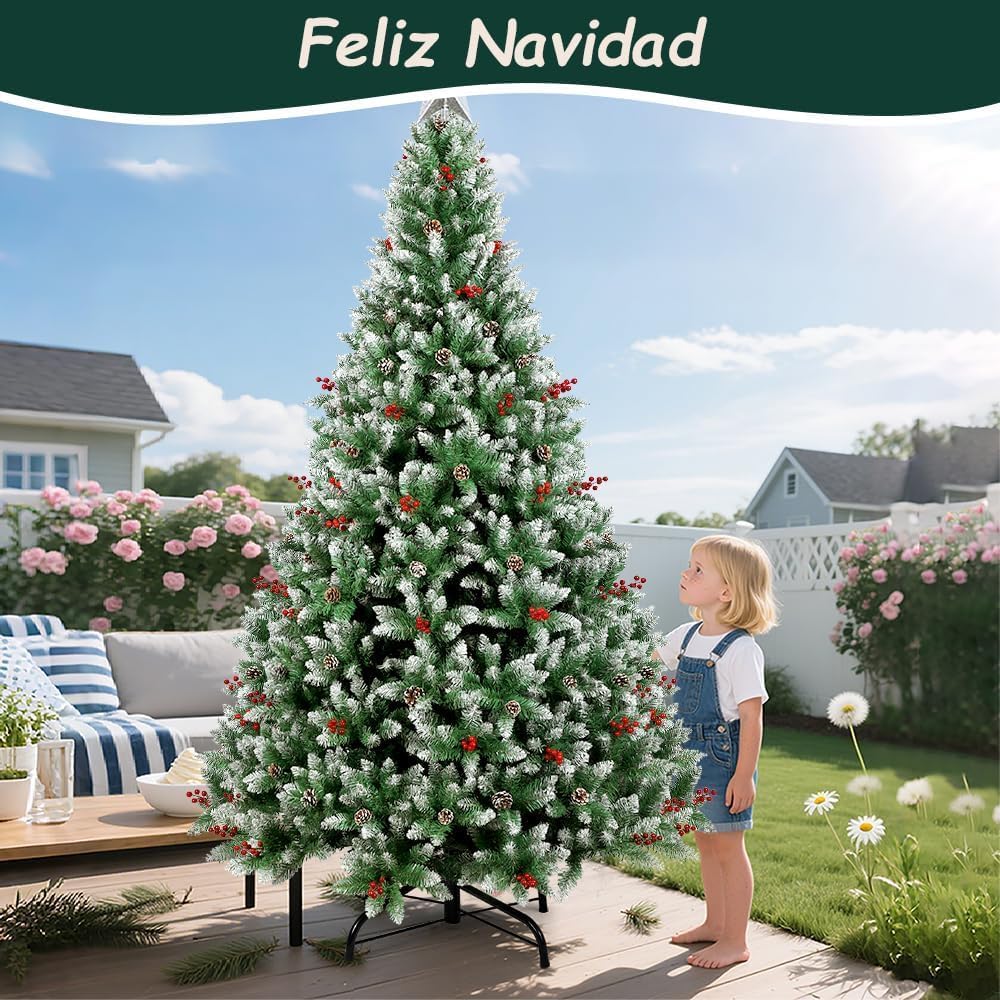 Árbol de Navidad (1.8 M), Árbol de Navidad Artificial, Bayas Rojas y Piñones, Efecto Nevado, Decoración Navideña para Interior y Exterior, Regalo de Navidad