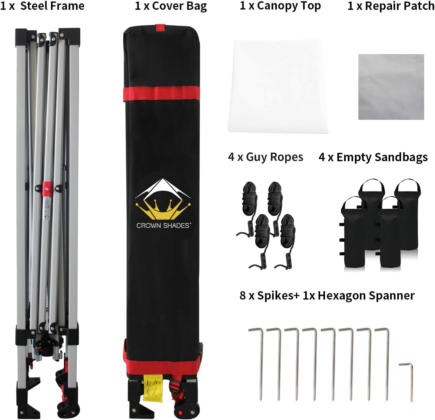 CROWN SHADES - Toldo desplegable de 3.60 x 3.60 metros, toldo patentado de un empuje con bolsa de transporte con ruedas, 8 estacas y 4 cuerdas, negro