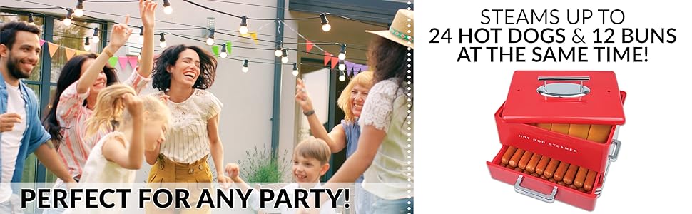Perfecto para cualquier fiesta: vaporiza hasta 24 perros calientes y 12 bollos al mismo tiempo