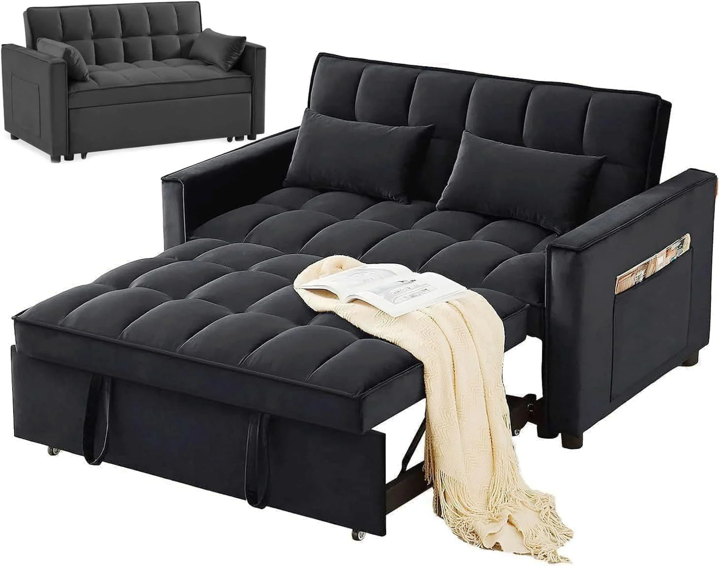 SofÃ¡ cama convertible de terciopelo con respaldo regulable en altura, almohadones con espacio de almacenamiento y sofÃ¡ cama extraÃ­ble