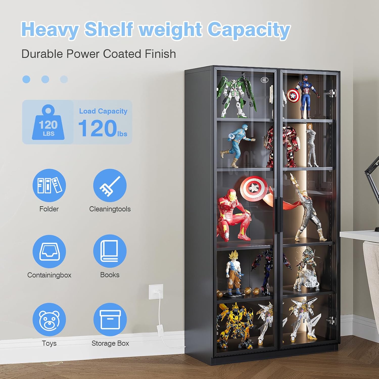 PEUKC - Vitrina con puertas de vidrio, vitrinas con 4 estantes ajustables y cerradura para el hogar, la oficina, la clínica, la despensa, requiere ensamblaje, negro, color madera