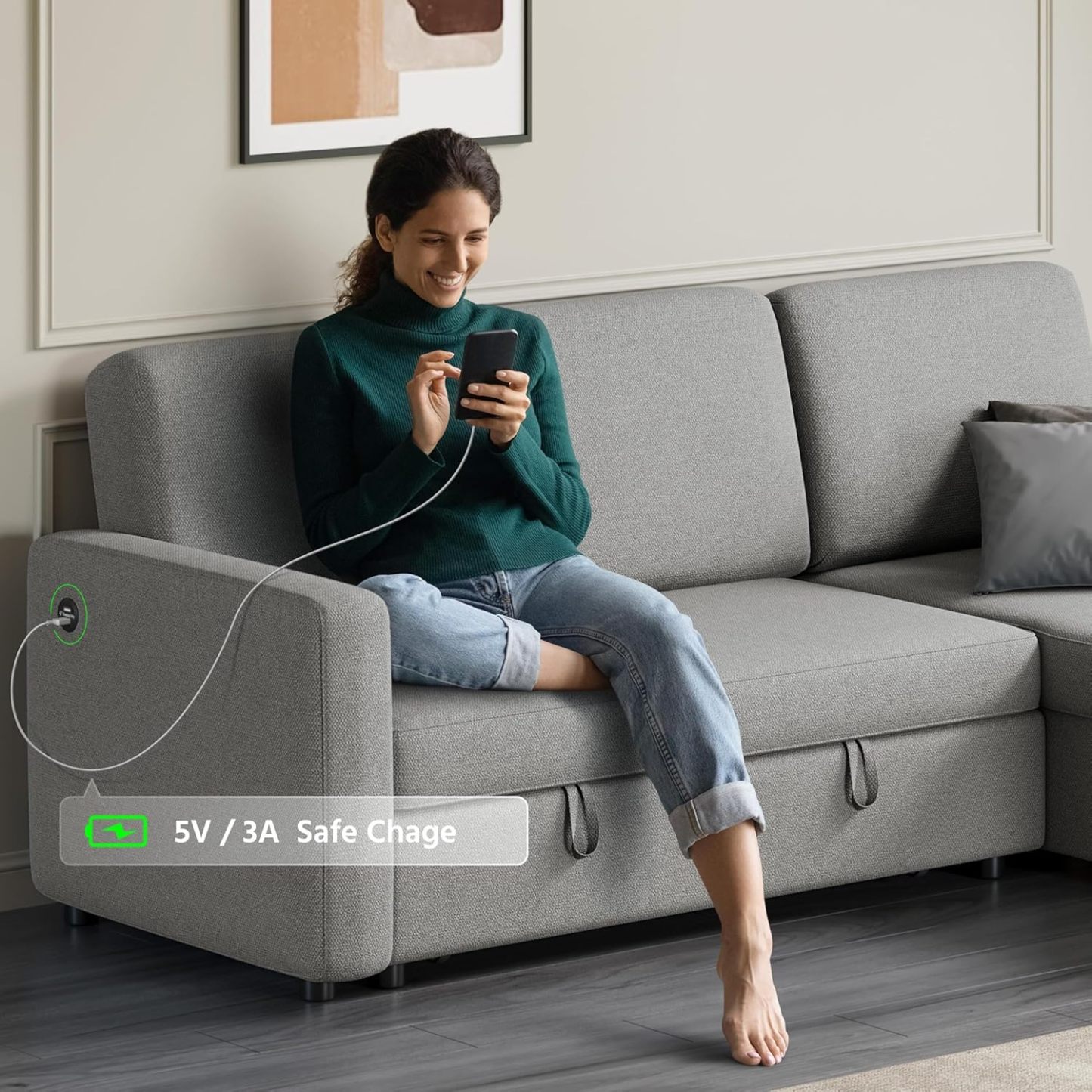 Yaheetech Sofá seccional en forma de L, sofá cama con chaise, sofá cama reversible con cama extraíble y espacio de almacenamiento, sofá convertible de tela de 4 asientos, adecuado para sala de estar, gris claro