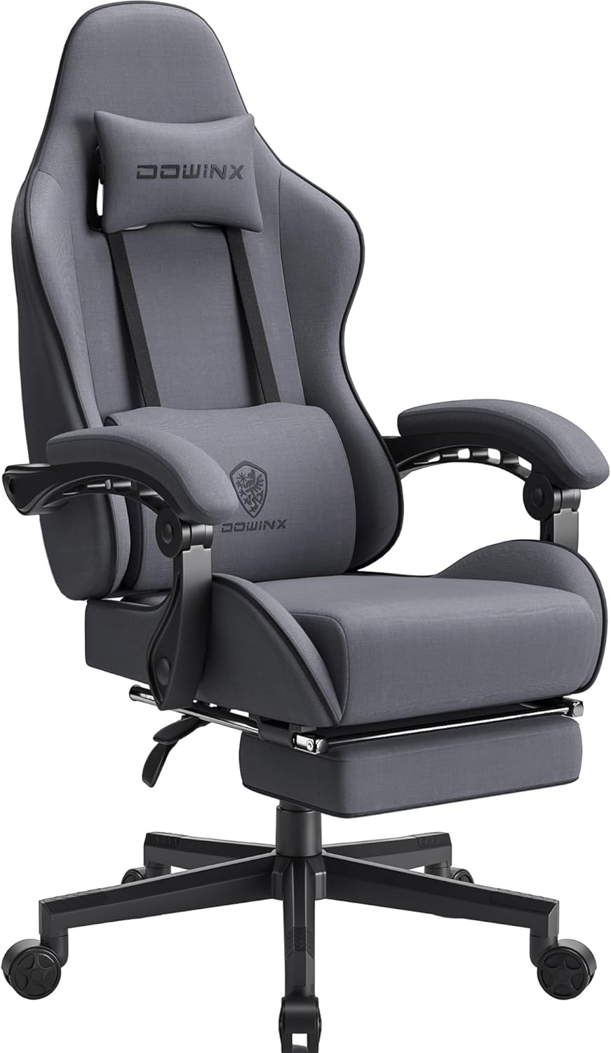 Dowinx - Silla de Juego de Tela con cojín de Resorte de Bolsillo, Silla de Juego de Masaje con reposacabezas, Silla ergonómica de computadora con reposapiés de 300 Libras, Negro y Gris