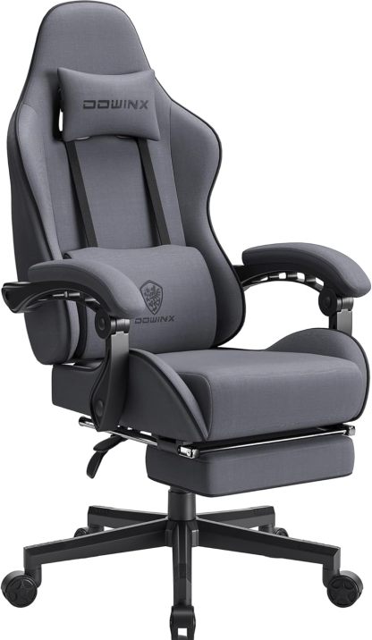 Dowinx - Silla de Juego de Tela con cojín de Resorte de Bolsillo, Silla de Juego de Masaje con reposacabezas, Silla ergonómica de computadora con reposapiés de 300 Libras, Negro y Gris