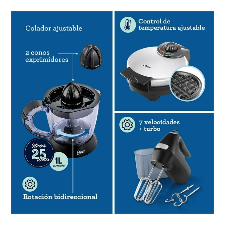 Combo Oster 5 Elementos licuadora, Cafetera, batidora, wafflera y exprimidor de jugos Negro con Plata