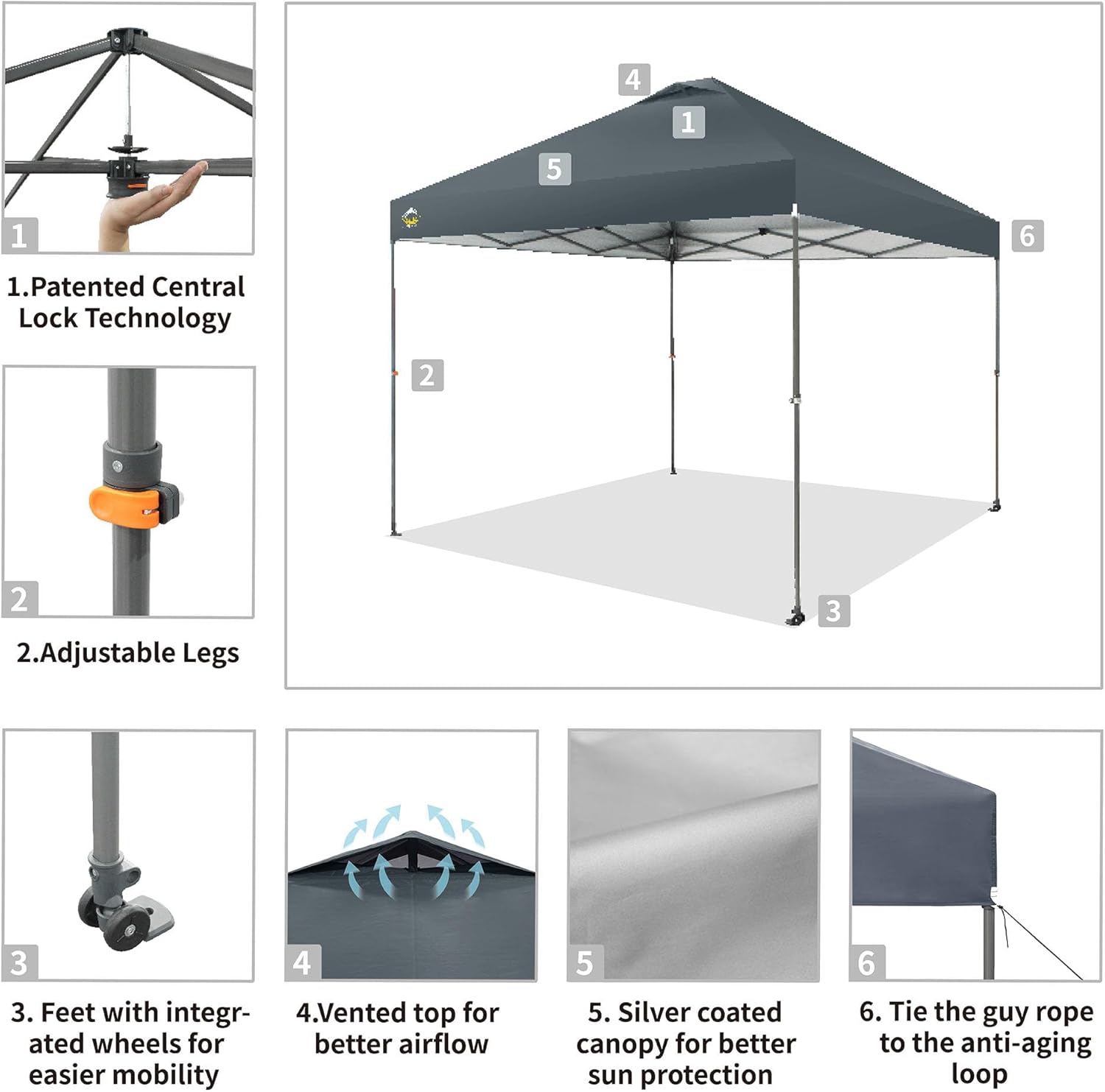 CROWN SHADES - Toldo desplegable de 3.60 x 3.60 metros, toldo patentado de un empuje con bolsa de transporte con ruedas, 8 estacas y 4 cuerdas, negro