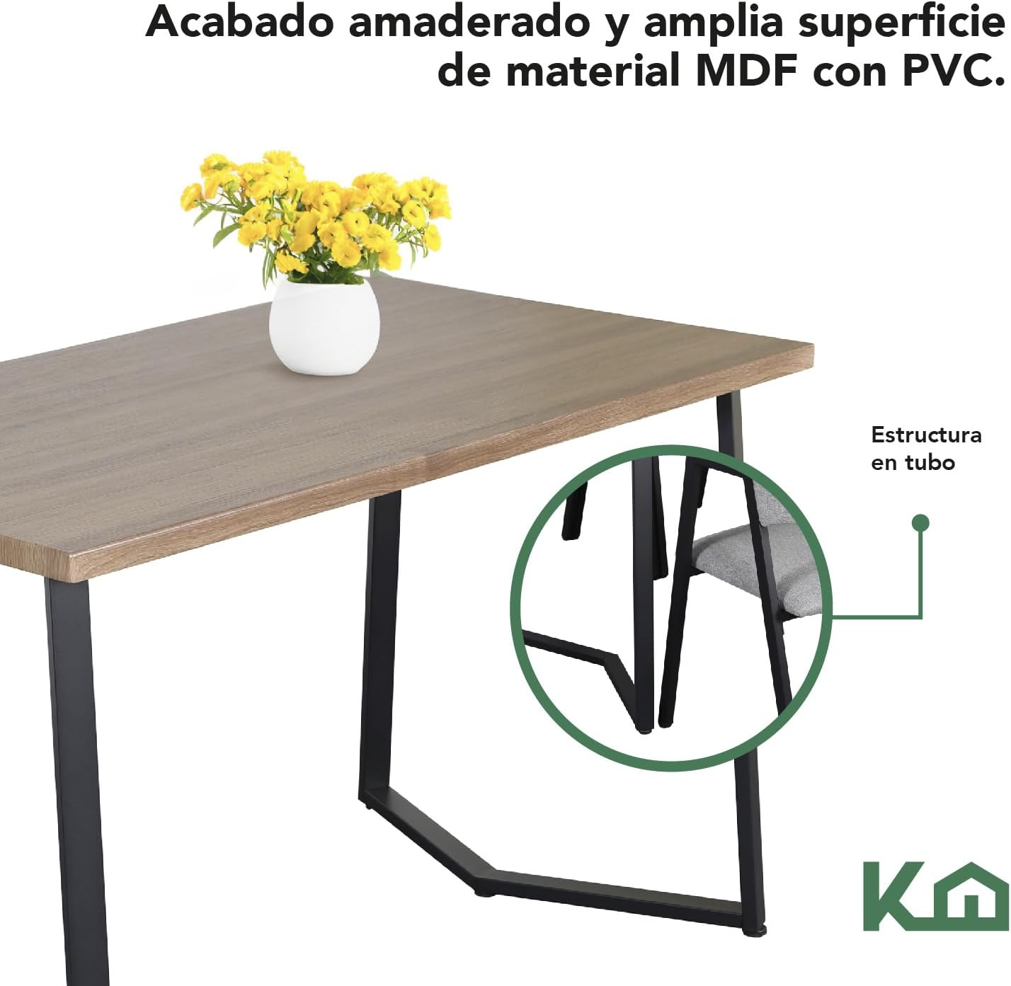 Kingshouse | Comedor 4 Sillas y Mesa – Juego de Comedor - Madera MDF Estructura Metálica - Acolchado - Moderno Minimalista - 4 Personas - Gris - Café