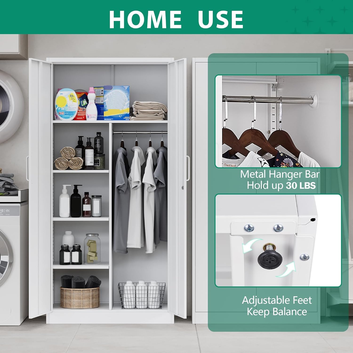 Letaya - Armarios de almacenamiento de metal con puerta de cerradura, armarios de acero, 5 estantes ajustables para el hogar, oficina, almacén (blanco)