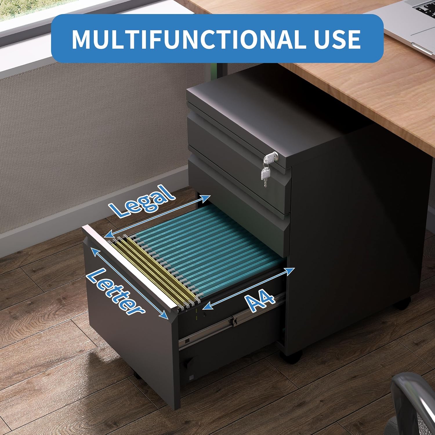 BIZOEIRON - Archivador móvil de 3 cajones, archivador de metal debajo del computadora con cerradura y ruedas, archivador rodante para oficina en casa, legal/letra/archivo A4 (negro)
