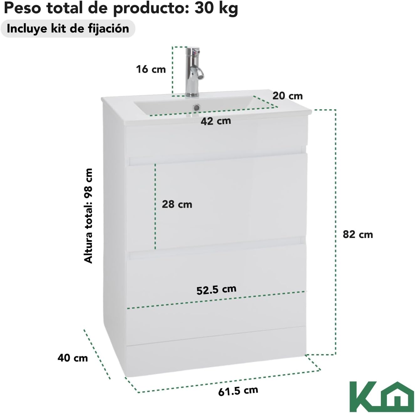 Kingshouse | Gabinete para Baño con Ovalín y Monomando – Mueble de Baño Lavamanos con 2 Cajones – Lavabo – Gabiente Organizador - Color Gris Mate – Fibra de Madera MDF – Lavamanos De Cerámica