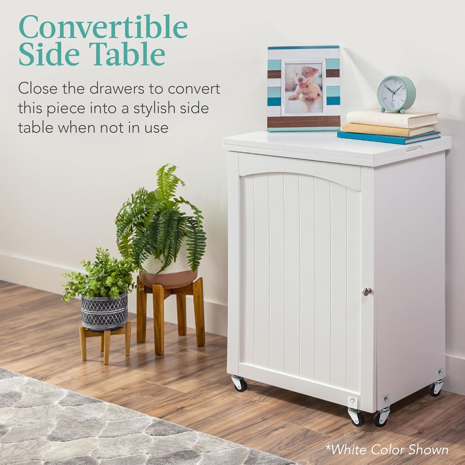 Best Choice Products - Mesa de coser plegable multiusos, estación de manualidades, diseño compacto, ruedas, estantes, almacenamiento, clavijas, puertas magnéticas, pomos de puerta de metal, blanca