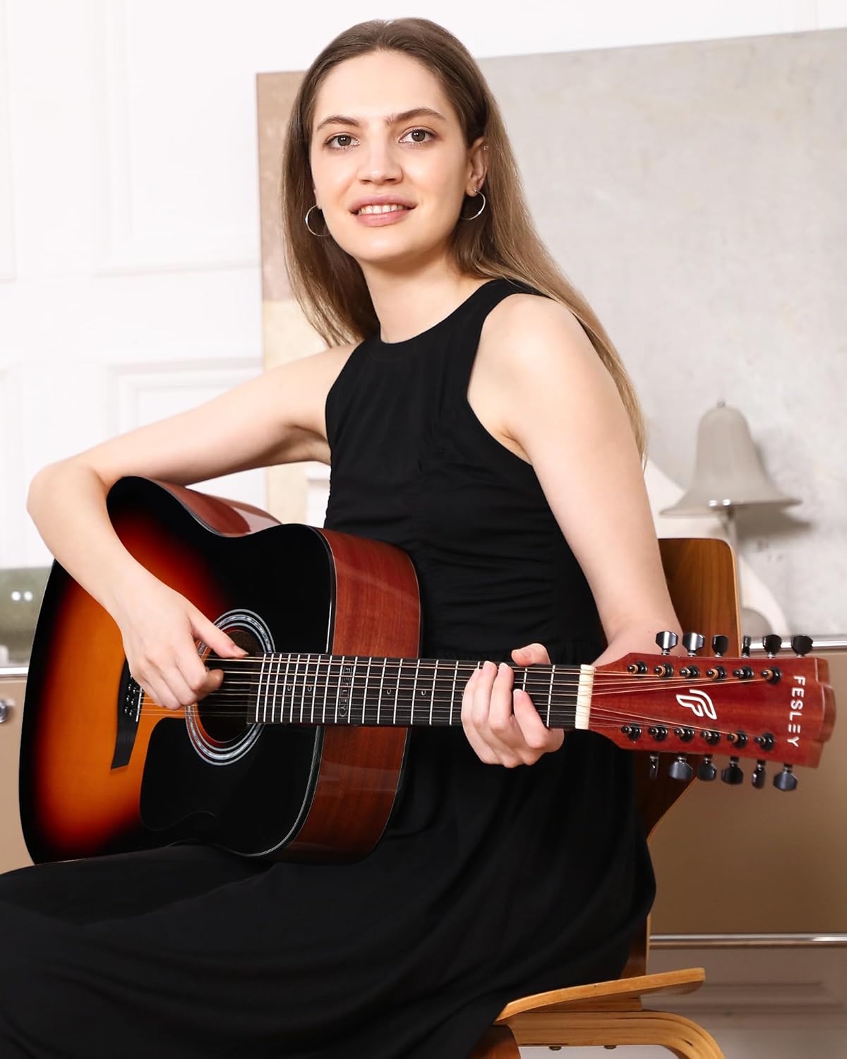 Fesley Guitarra de 12 cuerdas, guitarras eléctricas acústicas de tamaño completo para adultos, guitarra de abeto superior acústica, paquete de guitarra recortada con bolsa de concierto, púas, cuerdas, correa, natural