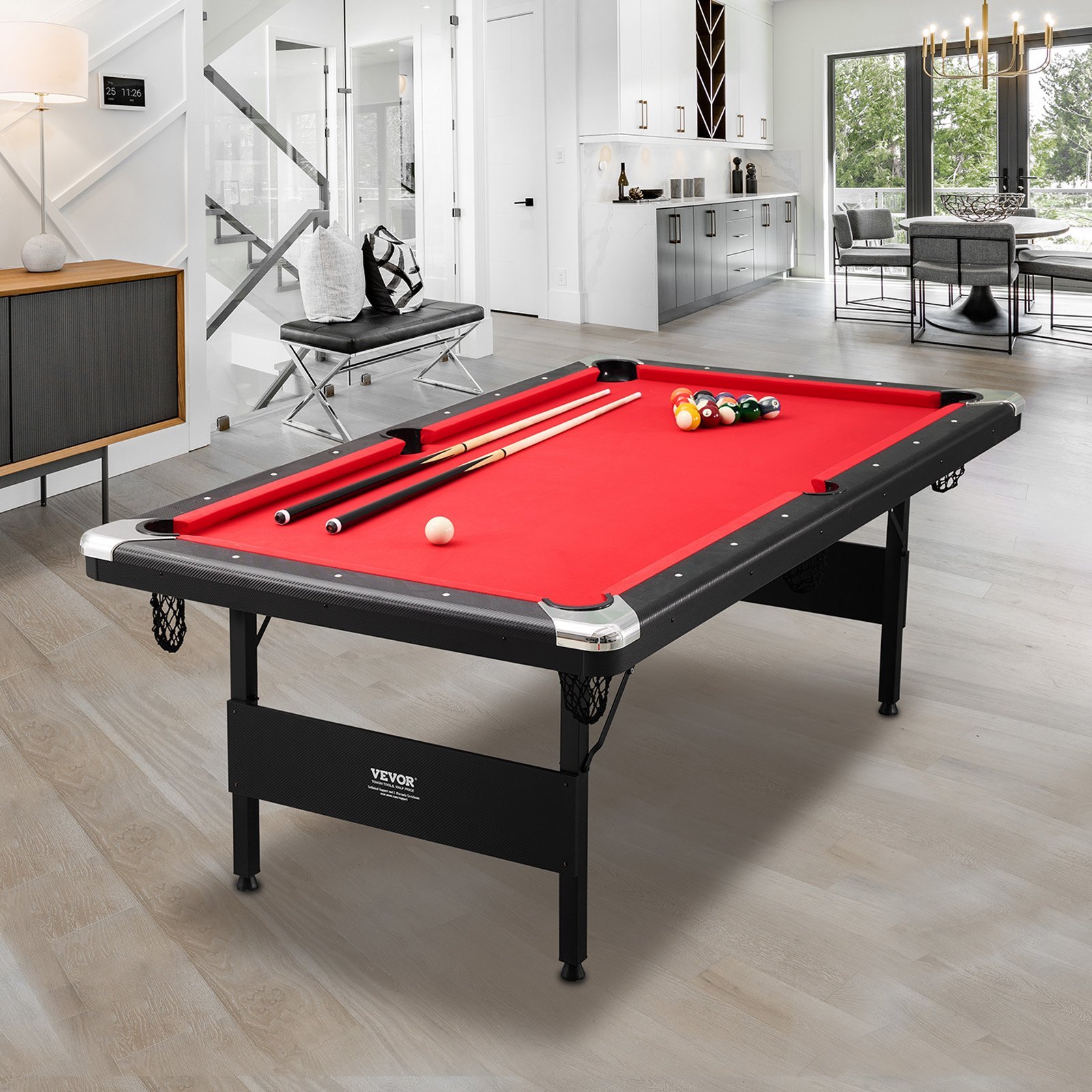 Mesa de Billar 213,4x120x80,5 cm Kit de Billar Plegable y Portátil Set Completo de Accesorios con Bolas, Tacos, Tizas y Pincel Color Negro con Tela Roja para Sala de Juegos, Hogar, Club, Bar