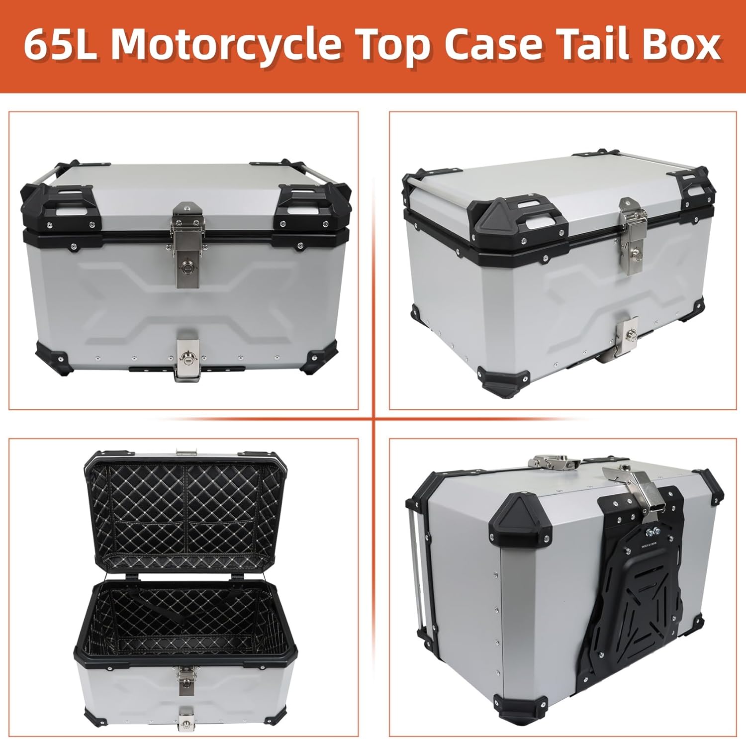 Labwork - Caja trasera para motocicleta de 45 l, con placa de montaje, aleación de aluminio dura, cierre de seguridad contra robo, metal plateado, caja trasera para maletero