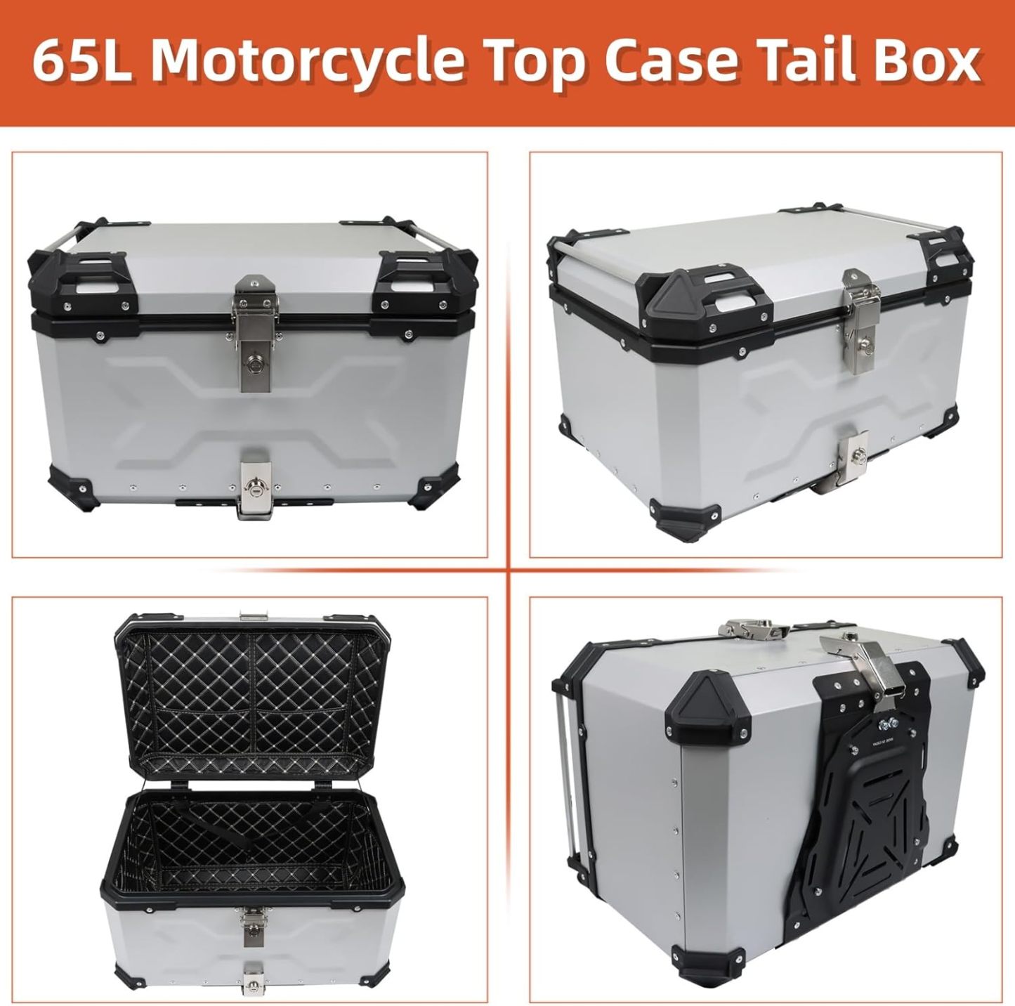 Labwork - Caja trasera para motocicleta de 45 l, con placa de montaje, aleación de aluminio dura, cierre de seguridad contra robo, metal plateado, caja trasera para maletero