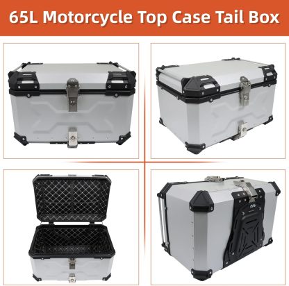 Labwork - Caja trasera para motocicleta de 45 l, con placa de montaje, aleación de aluminio dura, cierre de seguridad contra robo, metal plateado, caja trasera para maletero