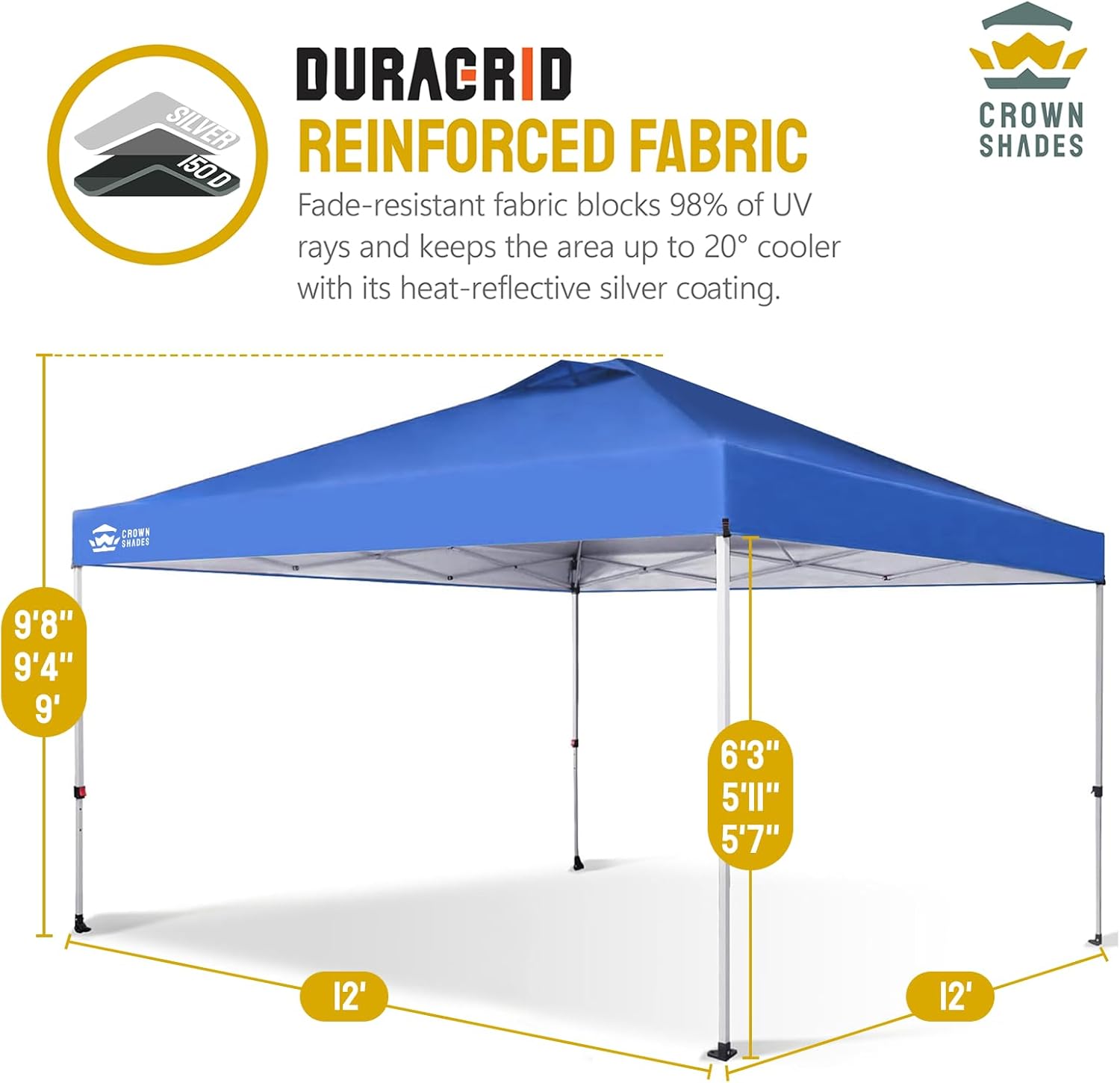 CROWN SHADES - Toldo desplegable de 3.60 x 3.60 metros, toldo patentado de un empuje con bolsa de transporte con ruedas, 8 estacas y 4 cuerdas, negro