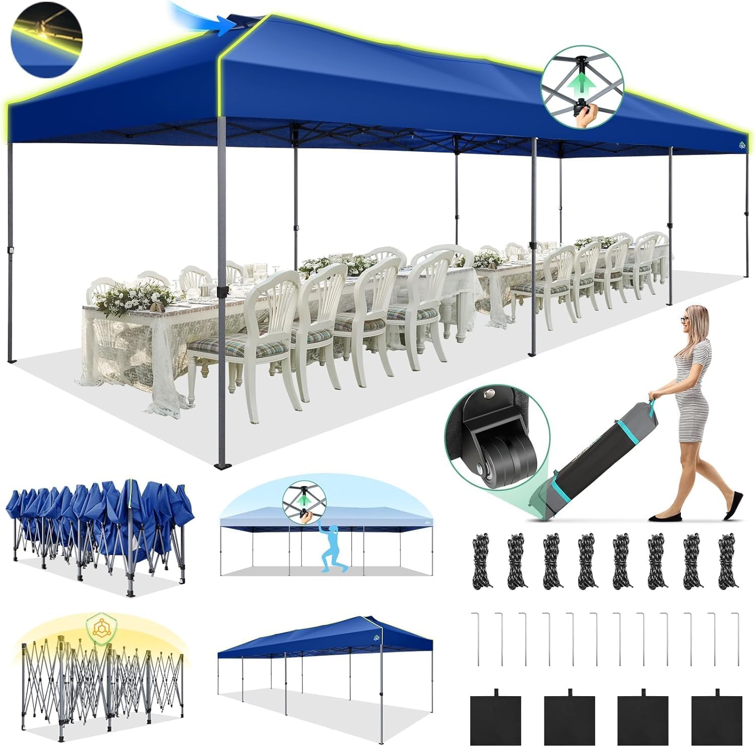 COBIZI - Tienda de campaña desplegable de 10 x 20 Pulgadas, Tienda de campaña instantánea Comercial para Bodas, Fiestas con 3 Altura Ajustable, toldo Ez Up para Exteriores, Impermeable, UPF50+ con