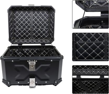 Labwork - Caja trasera para motocicleta de 45 l, con placa de montaje, aleación de aluminio dura, cierre de seguridad contra robo, metal plateado, caja trasera para maletero