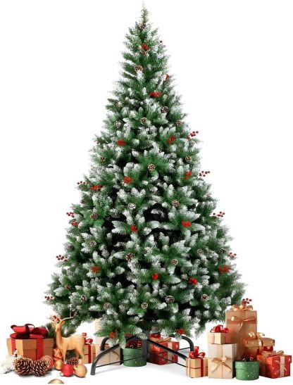 Árbol de Navidad (1.8 M), Árbol de Navidad Artificial, Bayas Rojas y Piñones, Efecto Nevado, Decoración Navideña para Interior y Exterior, Regalo de Navidad