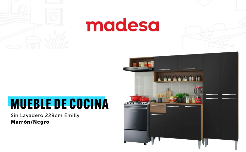 Madesa Mueble De Cocina Sin Lavadero 229cm Emilly - Marr&oacute;n/Negro