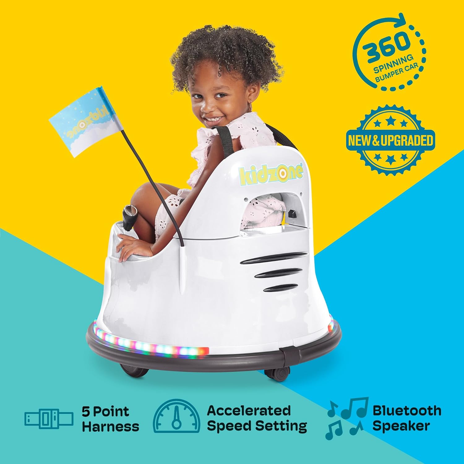 Kidzone Coche de parachoques inteligente para niños pequeños y niños, 12 V, 2 velocidades, juguete eléctrico para chocar, regalos con control remoto, control de aplicación, luces LED, Bluetooth, giro de 360° y pegatina de bricolaje, certificado ASTM