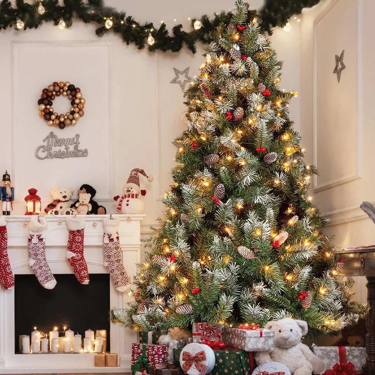 Arbol de Navidad Grande 2.2m, Arbol de Navidad con Luces Integradas, con 27m 240 Luces Led Parpadeantes(8 Modos de Luz), 1140 Ramas, con 35 Pares de Piñas y 35 Pares de Frutos Rojos, Soporte Metálico