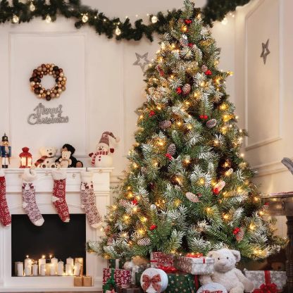 Arbol de Navidad Grande 2.2m, Arbol de Navidad con Luces Integradas, con 27m 240 Luces Led Parpadeantes(8 Modos de Luz), 1140 Ramas, con 35 Pares de Piñas y 35 Pares de Frutos Rojos, Soporte Metálico