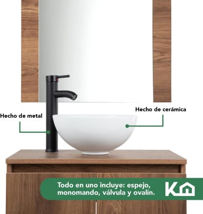 Kingshouse | Gabinete para Baño con Ovalín y Monomando – Mueble de Baño Lavamanos con 2 Cajones – Lavabo – Gabiente Organizador - Color Gris Mate – Fibra de Madera MDF – Lavamanos De Cerámica