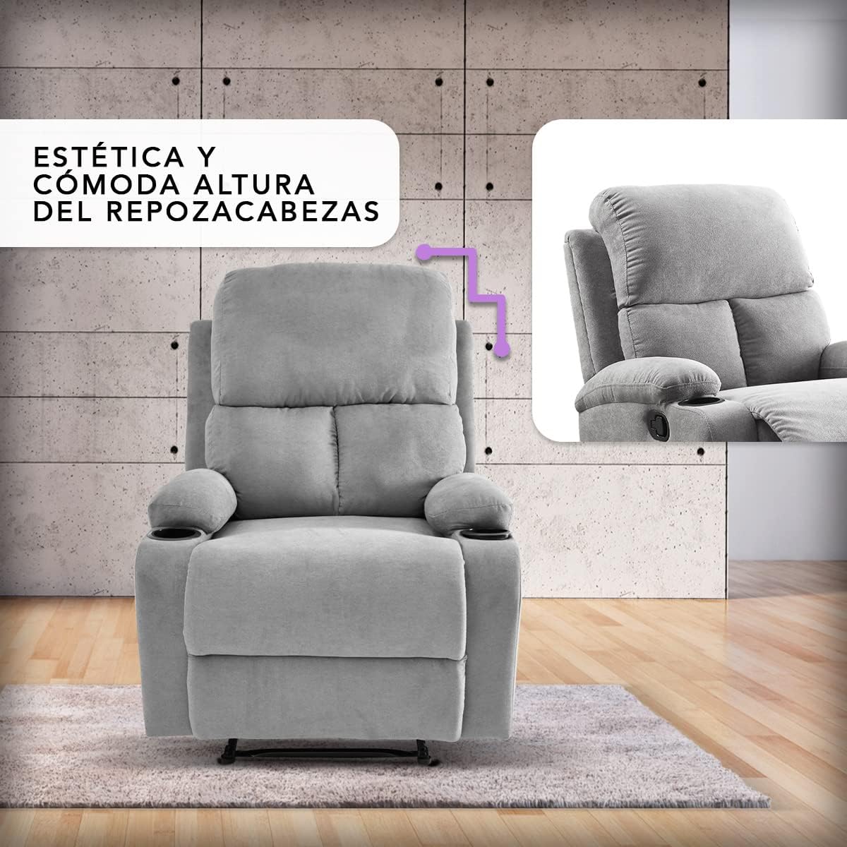 Sillon Reclinable para Adultos Individual - Brady - con Sistema Manual - Reposet de Tela - Varios Colores (Gris).