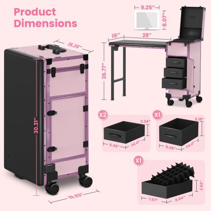 EASYINBEAUTY - Mesa de manicura portátil con 3 cajones, organizador de espejo y esmalte de uñas, estuche de tren de maquillaje con cerradura con computadora de uñas plegable, estuche de viaje