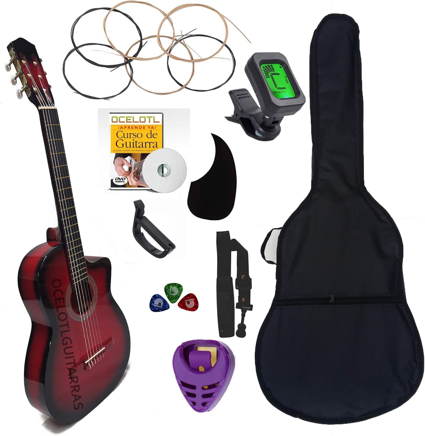 Guitarra Acústica Curva Ocelotl® Paquete Vital De Accesorios (Negro)
