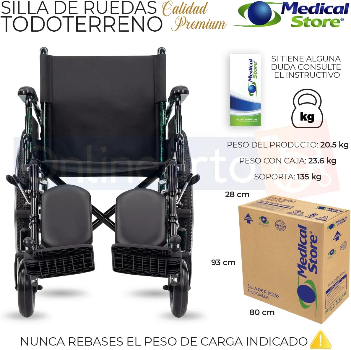 Medical Store Silla de Ruedas TODO TERRENO de Lujo, Modelo 101, Acero Resistente, Con Eleva piernas Desmontables y Descansabrazos Abatibles Color Rojo.…