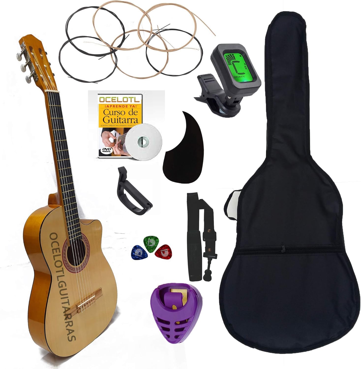 Guitarra Acústica Curva Ocelotl® Paquete Vital De Accesorios (Negro)