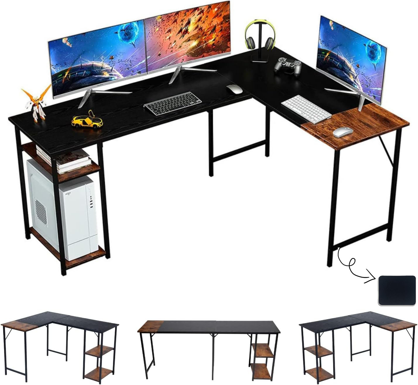 GOMYHOME Escritorio para computadora en Forma de L Escritorio para Juegos de computadora Estación de Trabajo para Escritura Cinturón de Estudio para Oficina en casa Escritorio Grande de 124 cm (Negro)