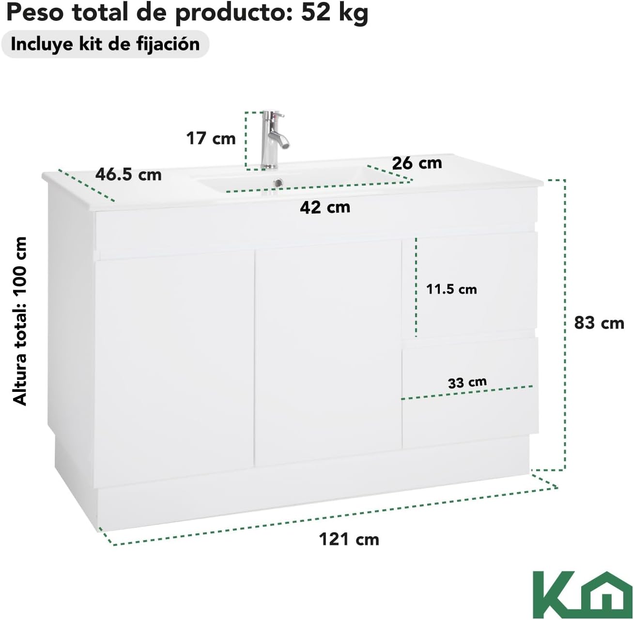 Kingshouse | Gabinete para Baño con Ovalín y Monomando – Mueble de Baño Lavamanos con 2 Cajones – Lavabo – Gabiente Organizador - Color Gris Mate – Fibra de Madera MDF – Lavamanos De Cerámica