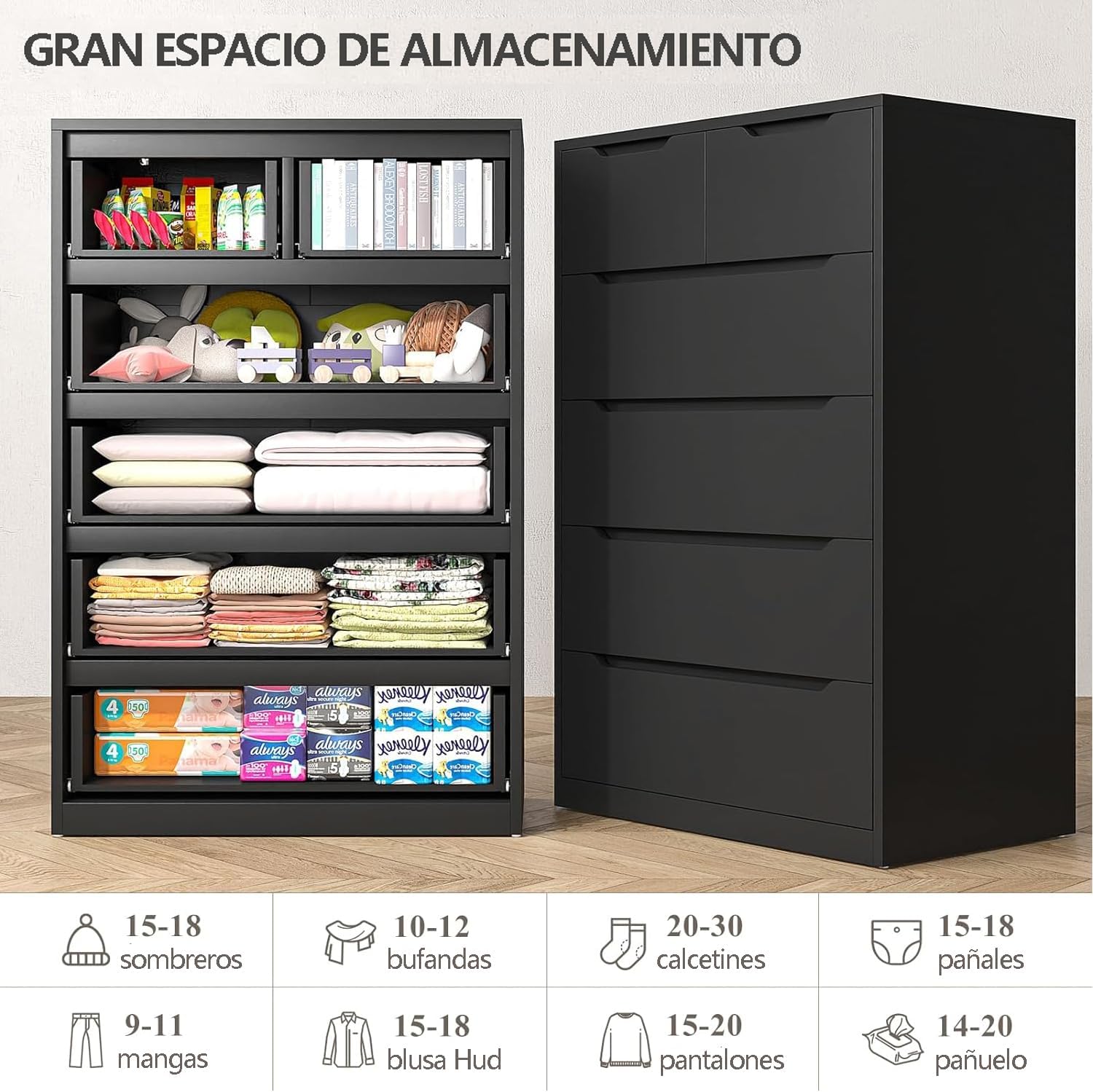 UNKKS Cajonera para Recamara para Hogar Y Oficina, Cómoda de 6 Cajones de Madera y riel de Metal Liso,Cómoda de Madera Grande y Cómoda para Recámara 70 * 40 * 110CM (Negro)
