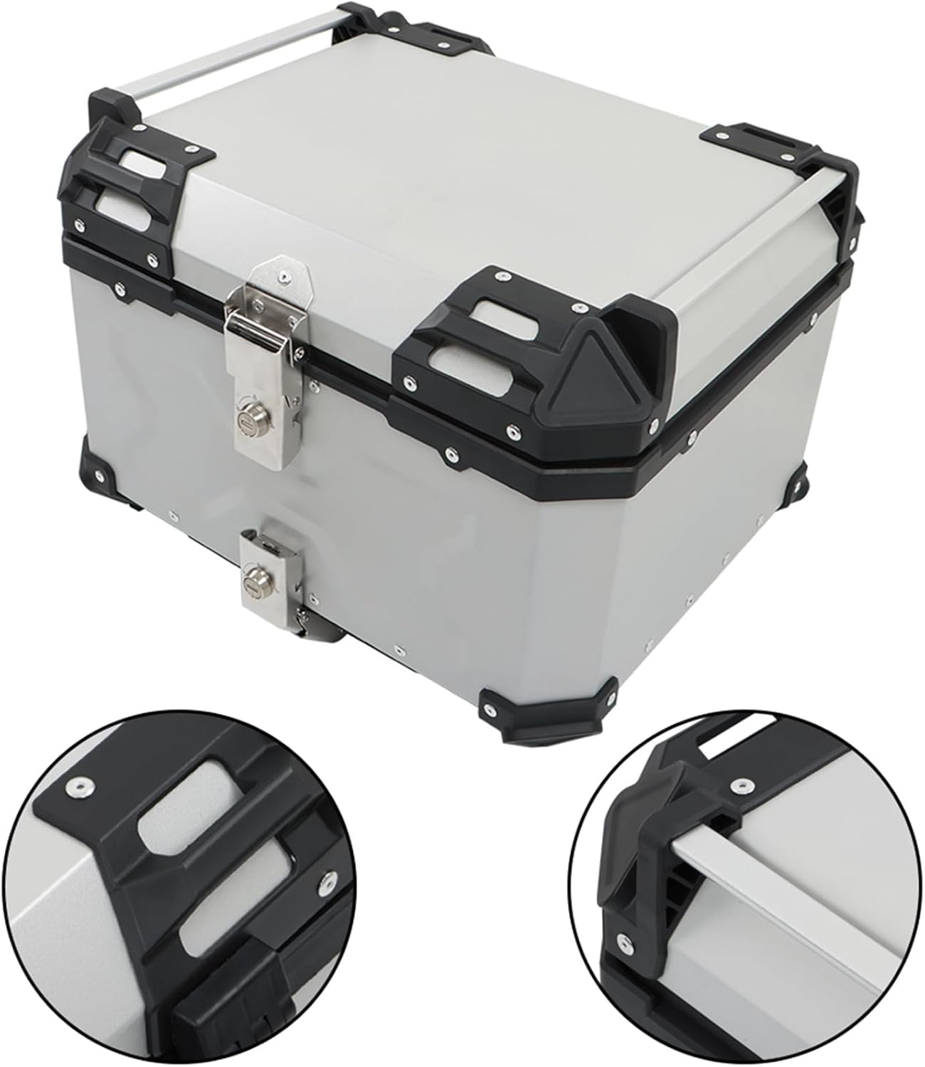 Labwork - Caja trasera para motocicleta de 45 l, con placa de montaje, aleación de aluminio dura, cierre de seguridad contra robo, metal plateado, caja trasera para maletero
