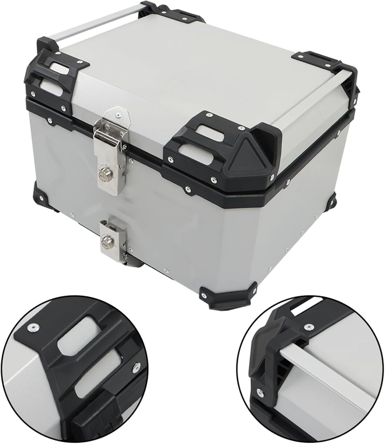 Labwork - Caja trasera para motocicleta de 45 l, con placa de montaje, aleación de aluminio dura, cierre de seguridad contra robo, metal plateado, caja trasera para maletero