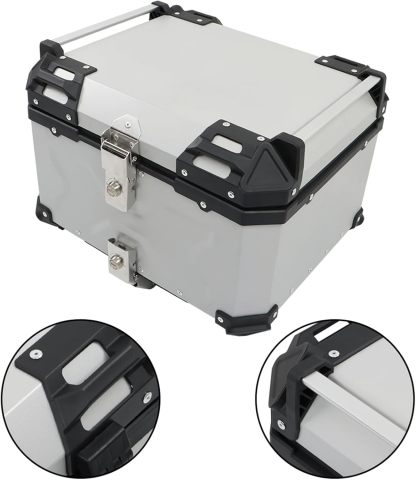Labwork - Caja trasera para motocicleta de 45 l, con placa de montaje, aleación de aluminio dura, cierre de seguridad contra robo, metal plateado, caja trasera para maletero