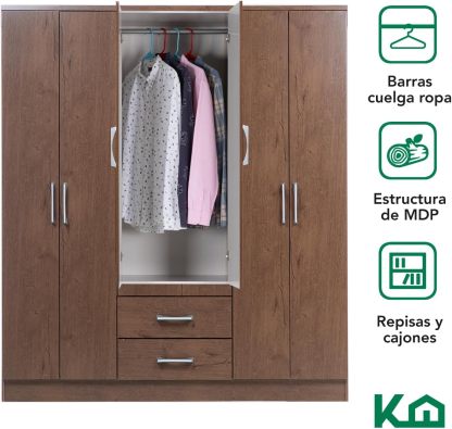 Kingshouse | Ropero De 6 Puertas con 2 Cajones – Color Café – Barra para Colgar – Estructura MDP – Mueble Organizador De Ropa – Armario para Casa, Recámara y Hogar