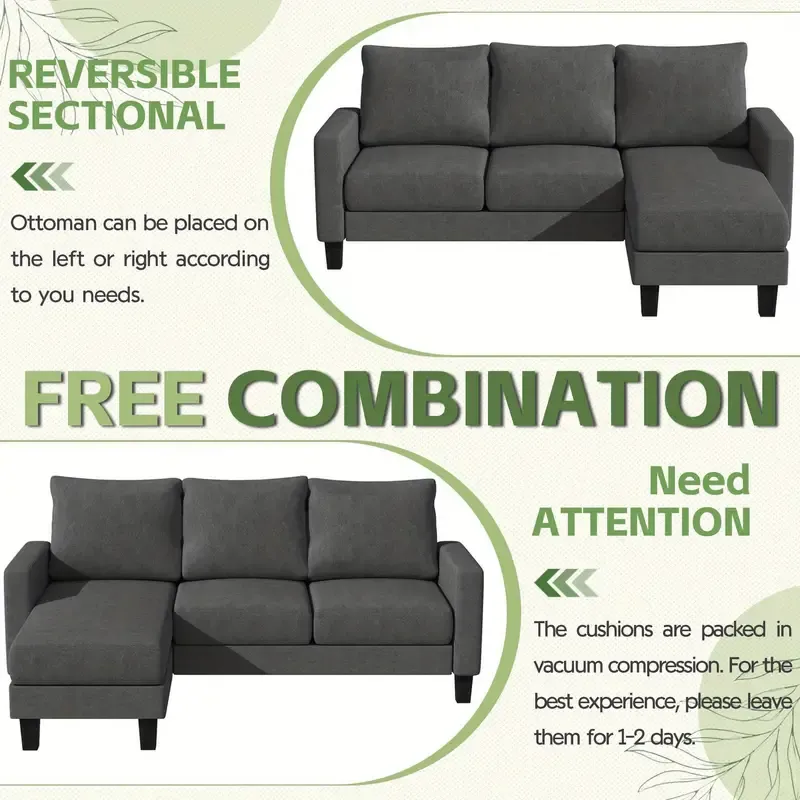 Sofá seccional convertible, sofá de 3 plazas en forma de L con tela de lino, otomana móvil Sofá pequeño para apartamentos pequeños, sala de estar y oficina (gris oscuro)