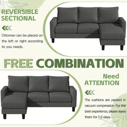 Sofá seccional convertible, sofá de 3 plazas en forma de L con tela de lino, otomana móvil Sofá pequeño para apartamentos pequeños, sala de estar y oficina (gris oscuro)